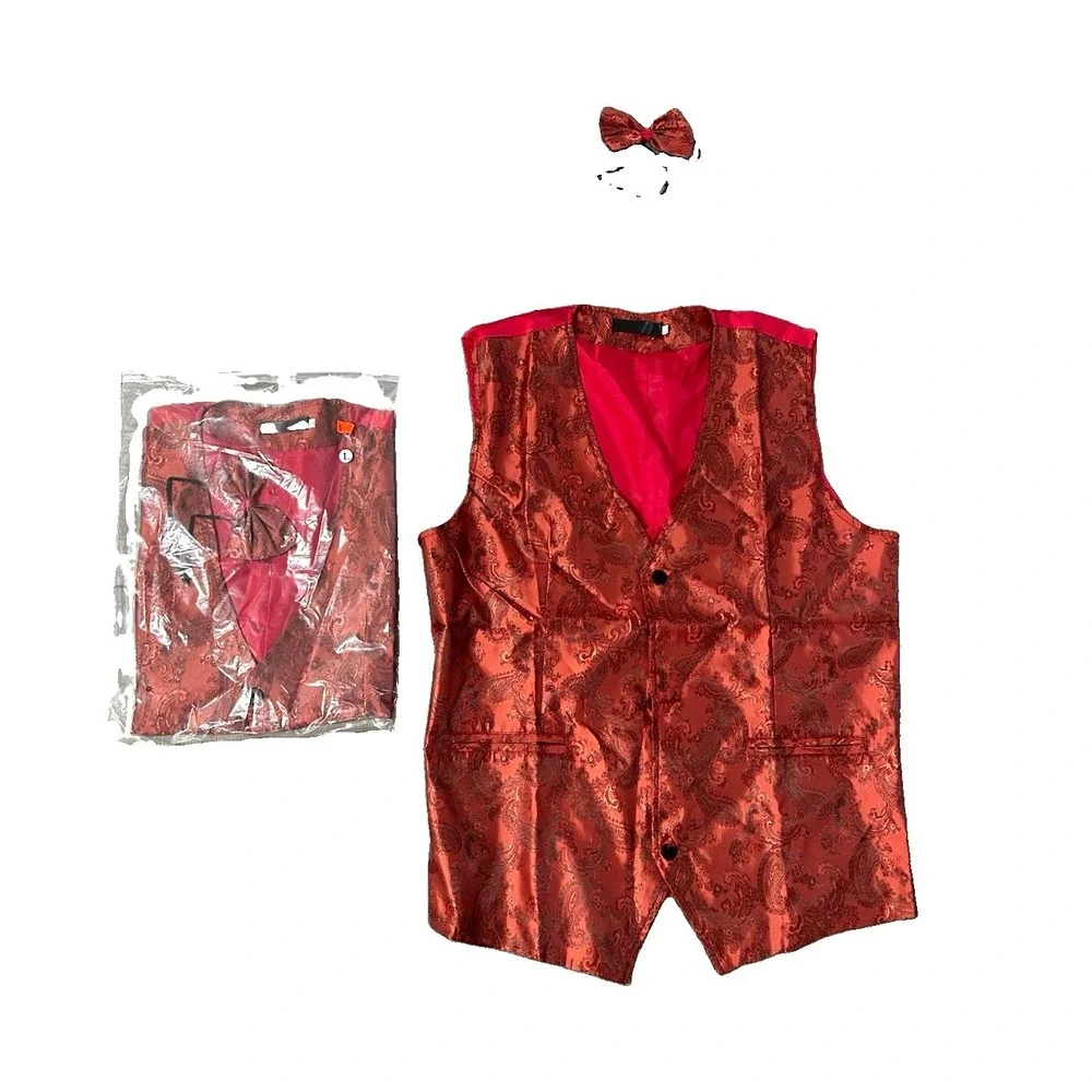 Men's Red Paisley Formal Tuxedo Vest Waistcoat w/ Matching Bow Tie, L
